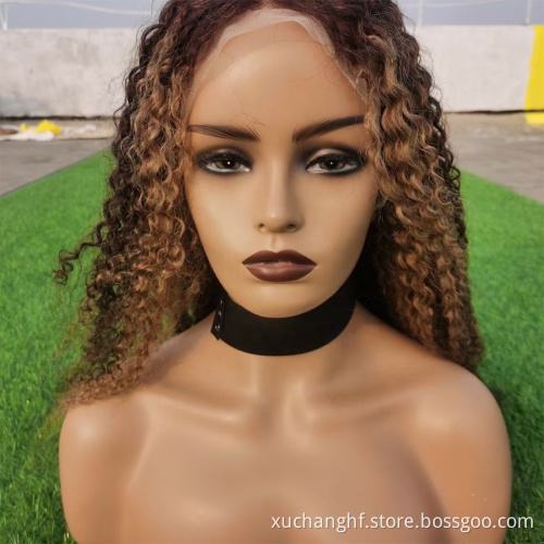 Highlight Honey Brown Color Kinky Curly Human Hair Lace Front Wig Virgin Brazilian Hair Highlight Wig Transparent HD Frontal Wig